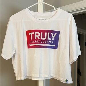TRULY White and Multicolor Logo Crop Top